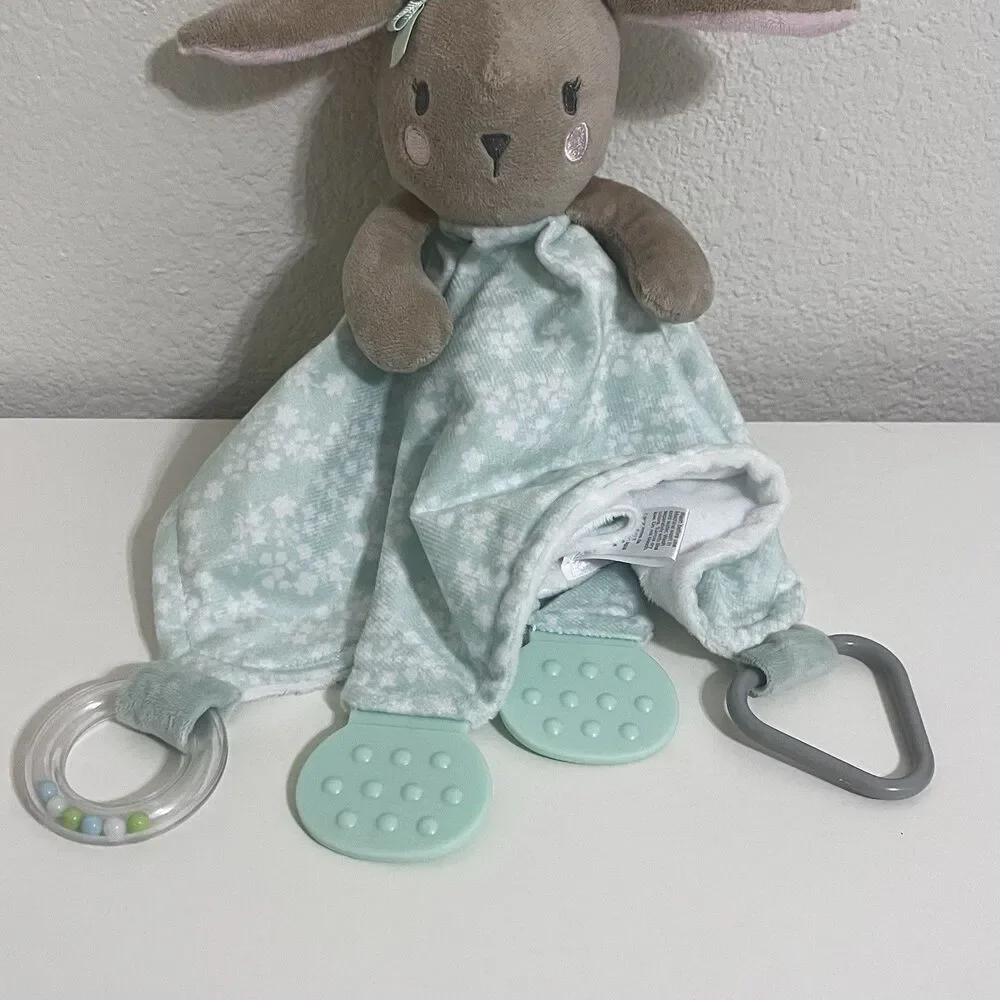Modern Baby Green Floral Bunny Rabbit Baby Security Blanket Lovey Teether Rattle
